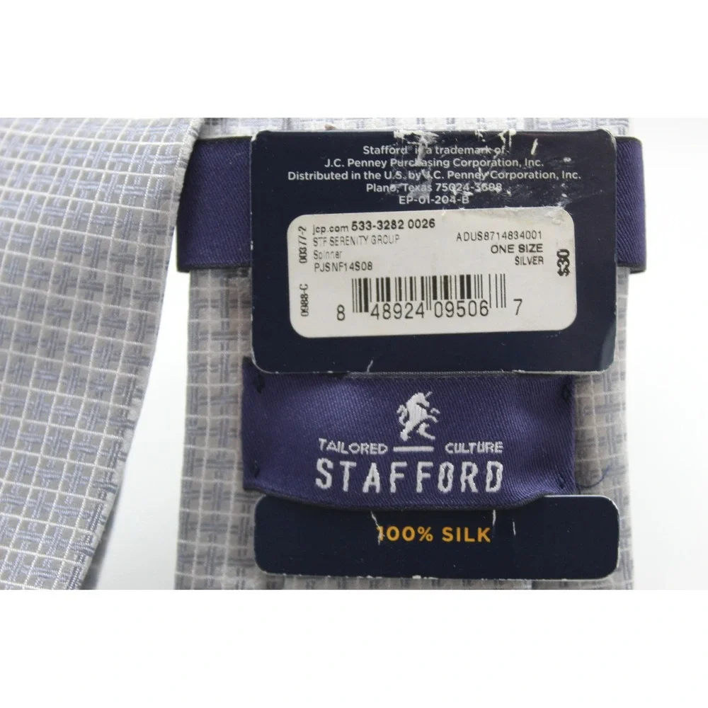 Stafford Mens Silk Necktie Silver Grey Grid Geometric Pattern PJSNF14S08 New